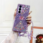 Blizganti drugelio grandinėlės apyrankės telefono dėklas, skirtas Samsung Galaxy Z Fold 7 6 5 4, apsauginis dėklas su dirželiu Galaxy Z Fold4 violetinė