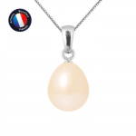 PERLINEA - Pendentif - V&eacute;ritable Perle de Culture d'Eau Douce Poire 9-10 mm Rose - Or Blanc - Cha&icirc;ne Offerte - Bijoux Femme