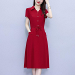YYFS Moteri&scaron;kos mados vasaros pavasario vienspalvės spaudos trumpomis rankovėmis POLO kaklo, auk&scaron;to juosmens laisvalaikio suknelės XXL raudona