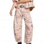 Cilindrinės džinsinės kelnės moterims Gėlių ra&scaron;to Boyfriend stiliaus laisvos džinsinės kelnės Atsitiktinės vidutinio juosmens plačių kle&scaron;nių džinsinės kelnės iki kulk&scaron;nies S rožinė