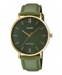 CASIO kvarcinis vyri&scaron;kas laikrodis MTP-VT01GL-3B Auksinis Žalias odinis dirželis Užjūrio modelis