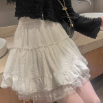 WTEMPO Moteri&scaron;kas baltas nėriniuotas mini sijonas Vasariniai Kawaii trumpi sijonai Mergaitei Fairycore Korėjos Lolita Sijonas su apsauginėmis kelnėmis S balta