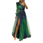 Moteri&scaron;ka vakarinė suknelė 3D gėlėmis dekoruota ant vieno peties, klostuota klostuota tinklinė banketinė suknelė viengulė, ilga M tamsiai žalia spalva