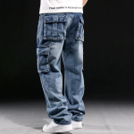 Men's American-Style Multi-Pocket Wide-Leg Loose Workwear Jeans, Large Size 36