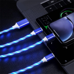 1,2M 3 viename USB įkroviklio laidas mobiliajam telefonui Mikro USB C tipo įkrovimo laidas, skirtas iPhone įkrovimui &Scaron;vytintis LED &scaron;viečiantis tekantis duomenų laidas 1.2m mėlyna