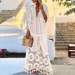 Boho nėrinių kutais puo&scaron;ta ilga suknelė pavasariui/vasarai 2XL balta