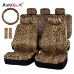 AUTOYOUTH Prabangus leopardo ra&scaron;to automobilio sėdynės užvalkalas, universalus tinka, saugos diržo pamink&scaron;tinimai ir 15 universalus vairo rato užvalkalas