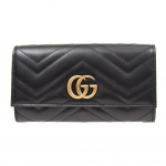 GUCCI GG Marmont ilgas piniginė su spaudimo sagtimi Auksinis logotipas Dygsniuota oda Įprasta moteri&scaron;ka Juoda Basic Set (Pouch + Dust Bag) juoda