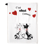 Les Tr&eacute;sors De Lily [A1115] - Torchon coton 'Chats' rouge blanc noir (C'est Chat l'amour) - 60x45 cm raudona