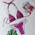 Bikini Sexy Snake Print Crystal Diamond Women Split Swimsuit Beach Swimsuit S rožinė raudona spalva