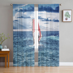 &bdquo;Blue Sea Waves Sailboat&ldquo; &Scaron;iuolaikinės tiulio užuolaidos, skirtos svetainei miegamajam namų virtuvės langui permatomos užuolaidos