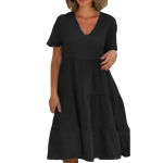 GMXIA moteri&scaron;kos mados vasaros pavasario gaivios ir mielos vienspalvės spaudos trumpomis rankovėmis V formos i&scaron;kirptės, didelės svyruojančios laisvos laisvalaikio suknelės S juoda