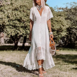 Vintage Chic Moteri&scaron;ka Balta Siuvinėta Nėriniais Trumpomis Rankovėmis Paplūdimio Bohemi&scaron;ka Siauro Kirpimo Netaisyklinga Žuvies Uodegos Suknelė Chalatas Moterims V formos i&scaron;kirptė Boho Suknelė S balta