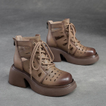 &bdquo;Johnature Retro&ldquo; tikros odos storu padu suvarstomi romėni&scaron;ki sandalai 2023 m. Vasaros nauji apvalūs pir&scaron;tai i&scaron;kirpti Moteri&scaron;ki batai su storu kulnu 40 chaki