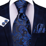 Hi-Tie Tamsiai mėlynos gėlės žakardo Paisley kaklarai&scaron;čio rinkinys vyri&scaron;kas &scaron;ilkinis kaklarai&scaron;tis ki&scaron;eninė kvadratinė rankogalių sąsagų vakarėlis N-3925