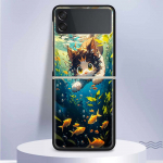 Animacinio filmo &bdquo;Cate Cat Fish&ldquo; estetika &bdquo;Samsung Galaxy Z Flip 5 4 3 5G&ldquo; telefono dėklas juodas kietu dangteliu &bdquo;ZFlip 5 4 3 Luxury&ldquo; smūgiams atsparus bum Samsung Z Flip 5
