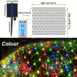 1 x saulės energijos tinklo lemputė krūmų tinklelio lemputė lauko tinklelio lemputė, atspari vandeniui 8 režimų nuotolinio valdymo pultas, automatinis jungiklis 3M*2M/118in*78in įvairiaspalvis