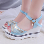 Madingi moteri&scaron;ki vasaros siurbliai Platforminiai sandalai plei&scaron;tai Crystal Peep Toe sandalai 35 mėlyna