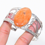 Natural Orange Aventurine Gemstone 925 Sterling Silver Cuff Bangle Adj v8z66