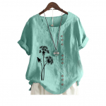 Moterų mada Medvilnės lino palaidinė Vasara ir ruduo Apvali apykaklė Trumpomis rankovėmis Topas Moterų kasdieninė Gėlių ra&scaron;to Laisva mar&scaron;kinėliai S ruda