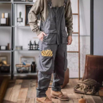Men's American Retro Loose Multi-Pocket Work Jumpsuit S pilka