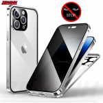 Magnetinis grūdinto stiklo privatumo metalinis dėklas iPhone 15 Pro Max 16 14 Plus 13 12 11 su kameros objektyvo apsauga, dvipusis stiklo dangtelis iphone 15 sidabras