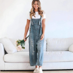 Moteri&scaron;kos džinsinio audinio kombinezonai su plė&scaron;ytu &bdquo;Baggy Jean Jumpsuit Romper&ldquo; kelnės su ki&scaron;enėmis gatvės aprangai XS tamsiai mėlyna spalva
