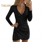 Pavasario rudens moteri&scaron;ka suknelė su blizgučiais Deep V i&scaron;kirpte Slim Fit ilgomis rankovėmis Slim Fit Netaisyklingos klostuotos vakarėlio klubo trumpa suknelė Pažinčių i&scaron;leistuvių mini suknelė XXL sidabras