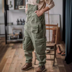 Men's American Retro Loose Multi-Pocket Work Jumpsuit XL žalia