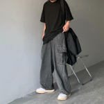 Japoni&scaron;kos gatvės retro stiliaus laisvos, plačios, kasdienės, didelės ki&scaron;enės, džinsinio audinio, skalbtos, tėčio stiliaus kelnės XXXL