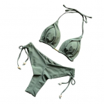 2 vnt./kompl. Seksualus moteri&scaron;kas bikini komplektas, vientisos spalvos liemenėlė su petne&scaron;ėlėmis per kaklą, kelnaitės auk&scaron;tu liemeniu suvarstomos &scaron;one, pakeliantis maudymosi kostiumėlis, greitai džiūstantis, paplūdimio drabužiai L žalia
