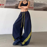 Street Dryžuotos Kontrastingos Plačiakojės Kelnės, Drabužių Spintos Kelnės, Vyrams ir Moterims, Retro Elastinės Rai&scaron;teliais Drapiruotos Laisvalaikio Sportinės Kelnės M black