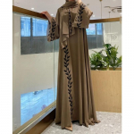 Eid Muslim Abaya Moteri&scaron;ka siuvinėta suknelė su skara Suknelė Dubajus Arabų ilgas chalatas Marokas Abayas Kaftan galvos skara nuostabi S chaki