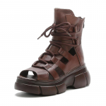Madingos 6,5 cm Retro natūralios odos atvirais pir&scaron;tais basutės moterims Vasarinės Platforminės Didinančios Tu&scaron;čios Užtrauktukas Nugaroje Auk&scaron;tos Casual Basutės Juodos 35 ruda
