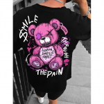 Vyri&scaron;ki Streetwear grafiniai mar&scaron;kinėliai - Rožinis animacinių filmukų lokio printas su &Scaron;ypsokis ir Juokiasi naktį dizainu, Laisvo kirpimo apvalia i&scaron;kirpte, Vasariniai mar&scaron;kinėliai, Ma&scaron;ininiai 5XL juoda