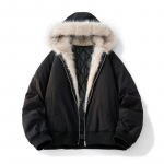 Žieminė striukė vyrams moterims su kailine apykakle madinga parka stora &scaron;ilta striukė oversized laisva kasdienė striukė su gobtuvu street wear XS juoda