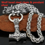 Nordic vyrų 316L nerūdijančio plieno Viking Wolf Head plieninė grandinėlė ir Thor's Hammer Mjolnir pakabukas karoliai Viking vyrų amuletas papuo&scaron;alai Dovana sidabras