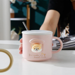 Sveiki, 3D keraminis Shiba Inu Akita &scaron;unų kavos puodelis Įmantrus animacinis gyvūnų arbatos puodelis su dangteliu ir &scaron;auk&scaron;tu &scaron;unų mylėtojams Pieno kar&scaron;to vandens puodelis rožinė
