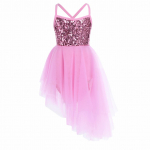 Vaikų mergaičių sceninių &scaron;okių drabužiai be rankovių blizgučiai Asimetri&scaron;ka tiulio baleto &scaron;okių gimnastikos triko suknelė 9-10 Years