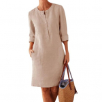 Rudens pavasario moteri&scaron;ka suknelė apvaliu kaklu, vienspalvės sagos, laisvos ilgomis rankovėmis, pleistras, ki&scaron;enė iki kelių L chaki