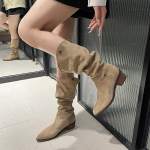 Nauji Populiarūs Retro Stiliaus Sulenkiamu Mygtuku Moteri&scaron;ki Ilgi Batai Smailus Pir&scaron;tas Kvadratiniai Kulniukai Laisvalaikio Moteri&scaron;ki Batai Zapatos De Mujer 35 abrikosas