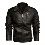 Vyri&scaron;ka retro motociklinė odinė striukė su stačia apykakle, slim fit, madinga, pliu&scaron;inė odinė striukė M kava