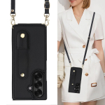 Kryžinė telefono dėklas Samsung Galaxy Z Fold 7 Fold6 5 4, odinis, metalinis užsegimas, rie&scaron;o dirželis, kortelių laikiklis, piniginės dangtelis su dirželiu Galaxy Z Fold5 juoda