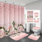 4 vnt. Pink Rose vandeniui atspari du&scaron;o užuolaida su 12 kabliukų, neslystantis vonios kilimėlis U formos kilimėlis tualeto dangčio užvalkalas 4PCS