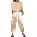 Moteri&scaron;kas kostiumas kasdieniam dėvėjimui Eleganti&scaron;kas satininis moteri&scaron;kas kelnių kostiumo komplektas su rai&scaron;teliais, ki&scaron;enėmis, stilingas O formos kaklo vir&scaron;us, kelnės laisvalaikiui M abrikosas