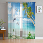 Jūros delfinų palmės skaidraus lango užuolaidos svetainei miegamajame &Scaron;iuolaikinės Voile tiulio užuolaidos Audinio užuolaidos virtuvei 135W x 114H(cm)