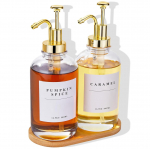 Kavos sirupo dozatorius kavos barui, 16,9 uncijos kavos sirupo pompinis dozatorius, stiklinis sirupo butelis su etiketėmis ir bambukiniu padėklu 500ml, Set of 2 auksas