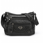 Vintage Crossbody Bag in Brown with Heart Accent - Adjustable Strap Multiple Zipper Pockets Small Crossbody Bag juoda