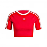 adidas Originals dryžuoti trumparankoviai moteri&scaron;ki mar&scaron;kinėliai su apvalia apykakle, raudoni L raudona