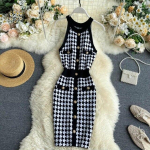 Rudens pavasario seksuali moteri&scaron;ka megzta suknelė be rankovių su vienu mygtuku Vestidos Halter Houndstooth mezgimo mini suknelė